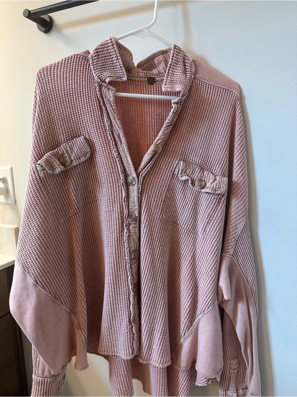 Free People Dusty Rose Waffle-Knit Button-Down Shirt
